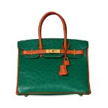 HERMÈS HSS VERT VERTIGO AND TANGERINE OSTRICH BIRKIN 30 BAG Condition grade A. A Horseshoe Stamp