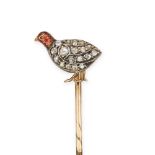 NO RESERVE - AN ANTIQUE DIAMOND, RUBY AND ENAMEL PARTRIDGE STICK / TIE PIN in yellow gold and silver