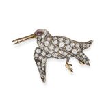NO RESERVE - AN ANTIQUE DIAMOND AND RUBY WOODCOCK BIRD BROOCH in yellow gold and silver, designed as