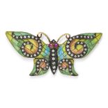NO RESERVE - A VINTAGE DIAMOND, RUBY AND PLIQUE A JOUR ENAMEL BUTTERFLY BROOCH designed as a butterf