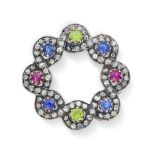 NO RESERVE - A FINE ANTIQUE SAPPHIRE, RUBY, DEMANTOID GARNET AND DIAMOND BROOCH, 19TH CENTURY design