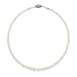 NO RESERVE - AN ANTIQUE PEARL, DIAMOND AND RUBY NECKLACE comprising a single row of pearls ranging f