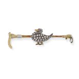NO RESERVE - AN ANTIQUE DIAMOND AND RUBY DUCK AND RIDING CROP STOCK PIN / BROOCH in yellow gold and