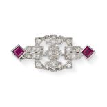 NO RESERVE - AN ART DECO RUBY AND DIAMOND BROOCH, CIRCA 1930 in platinum, the central part of the bo