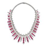 AN EXCEPTIONAL BURMA NO HEAT RUBY AND DIAMOND FRINGE NECKLACE / TIARA comprising a row of old Europe