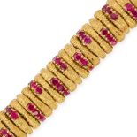 A FINE MODERNIST DUTCH RUBY BRACELET, 1970'S in 18ct yellow gold, comprising a row of stylised links