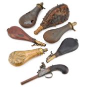 A COLLECTION OF POWDER FLASKS AND A PERCUSSION POCKET PISTOL