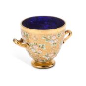 A MOSER-TYPE GILDED AND ENAMELLED COBALT BLUE GLASS TWO-HANDLED CUP