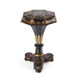 A 19TH CENTURY MOTHER-OF-PEARL, ABALONE AND PAINTED PAPIER-MÂCHÉ WORK TABLE