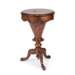 A VICTORIAN BURR WALNUT TRUMPET WORK TABLE CIRCA 1870
