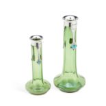 TWO ART NOUVEAU SILVER AND ENAMEL-MOUNTED GREEN GLASS VASES