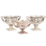 A PAIR OF GEORGE V SILVER WARWICK VASES