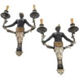 A PAIR OF 20TH CENTURY PAINTED AND PARCEL-GILT FIGURAL TWO-LIGHT WALL APPLIQUES
