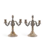 A PAIR OF FRENCH 950 STANDARD SILVER TWO-LIGHT CANDELABRA