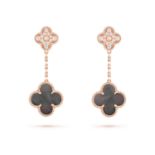 Magic Alhambra Style Earrings In 18k Rose Gold With Grey MoP And Round Diamonds