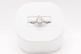 Halo Engagement Ring – 0.81ct VS Pear Shape Diamond, 18ct White Gold