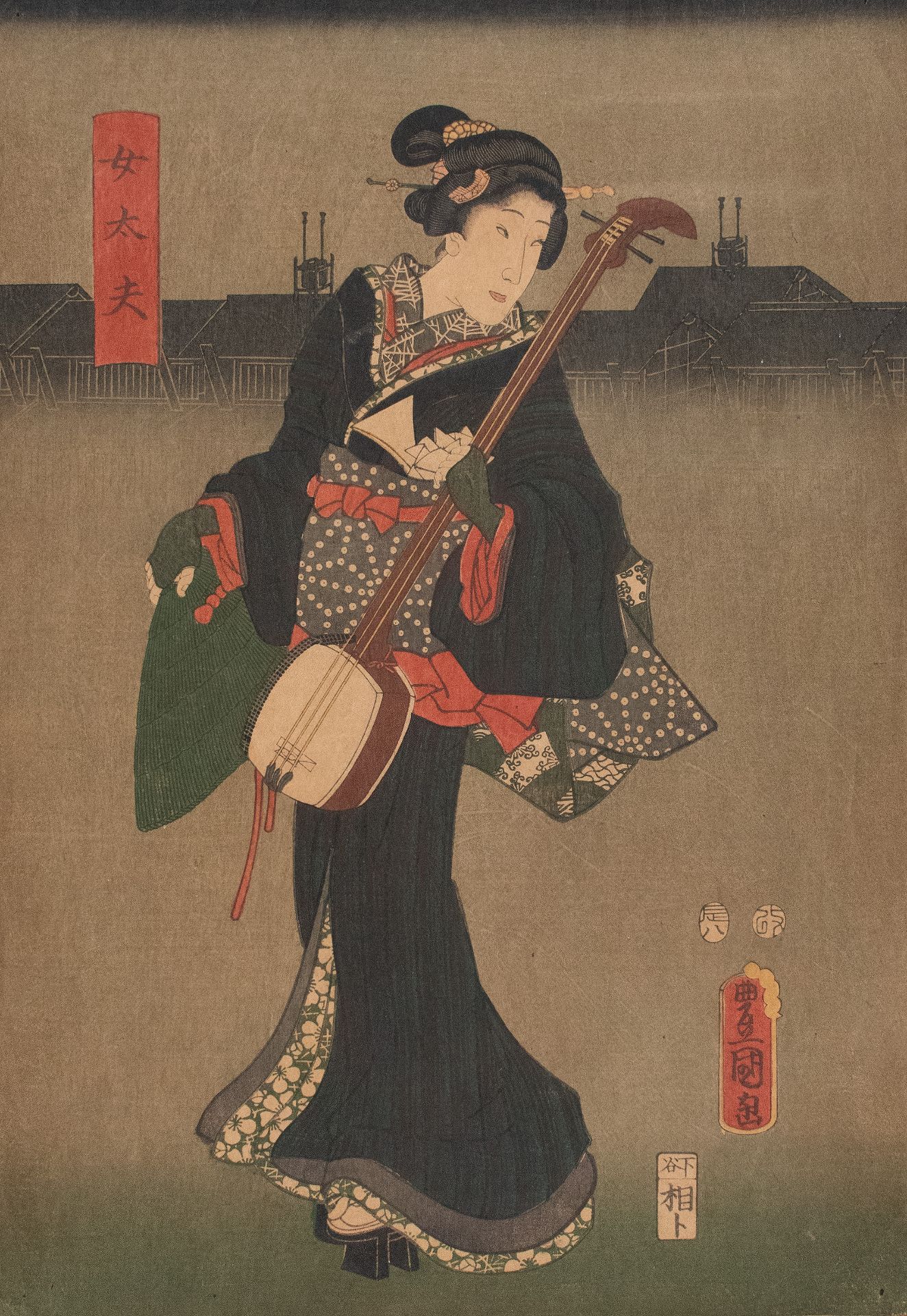 Utagawa Kunisada (Toyokuni III) | Geisha mit Shamisen | Farbholzschnitt | 1847-1860 - Bild 2 aus 3