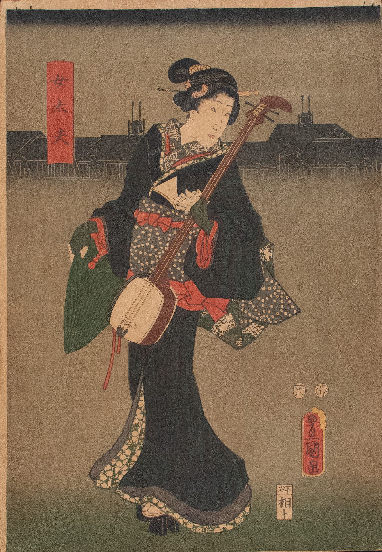 Utagawa Kunisada (Toyokuni III) | Geisha mit Shamisen | Farbholzschnitt | 1847-1860