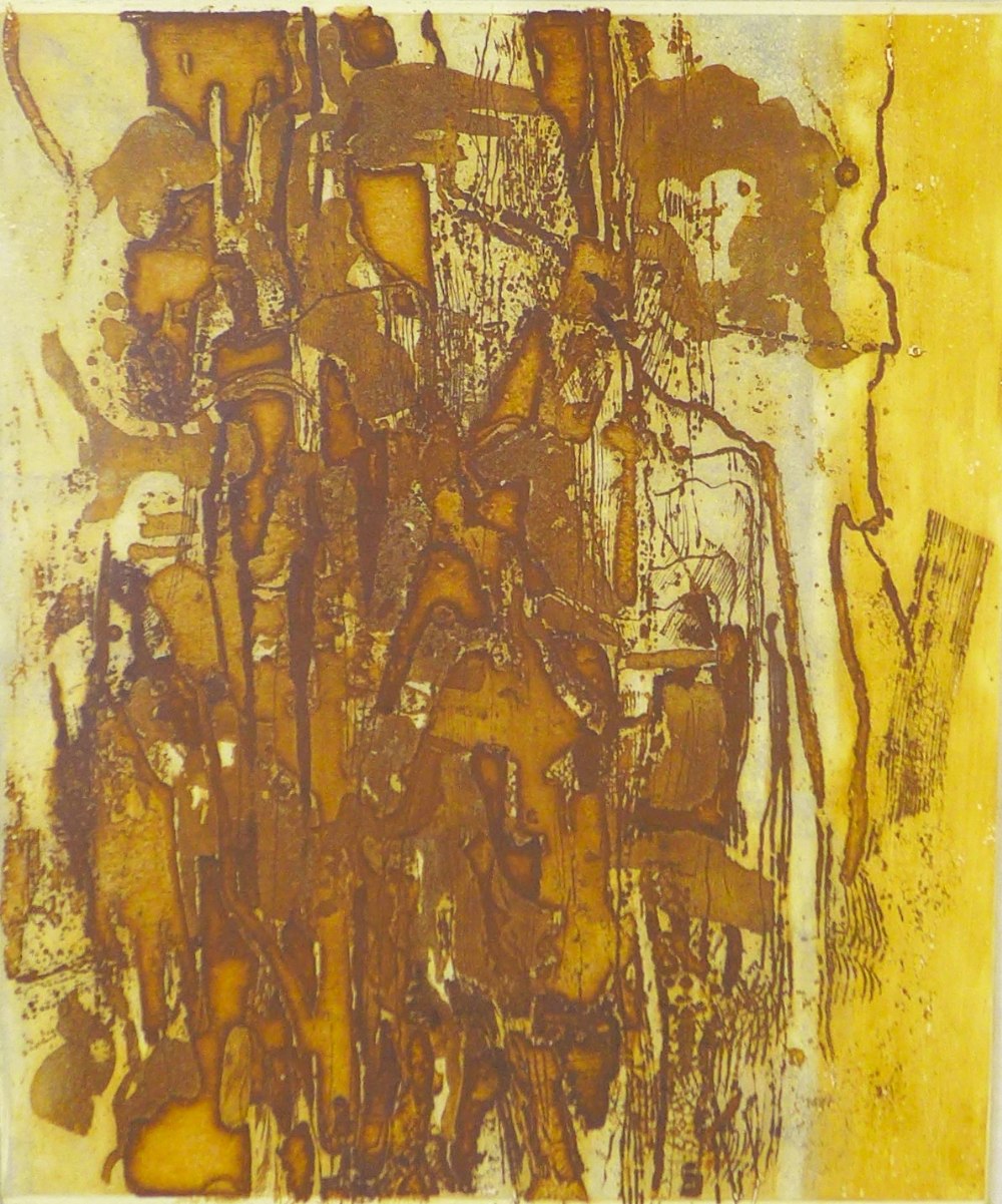A vintage orange abstract screenprint, unsigned and framed under glass ...