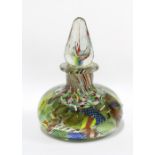 Murano art glass scent bottle with millefiore paperweight base, a/f with stopper broken, 12cm
