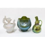 Loetz style early 20th century blue and green lustre art glass vase of squat form, 8cm, a Creta