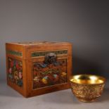 Rare antique pure copper bowl with high relief engraving and gold accents