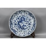 Ming Xuande blue and white lotus five dragon plate