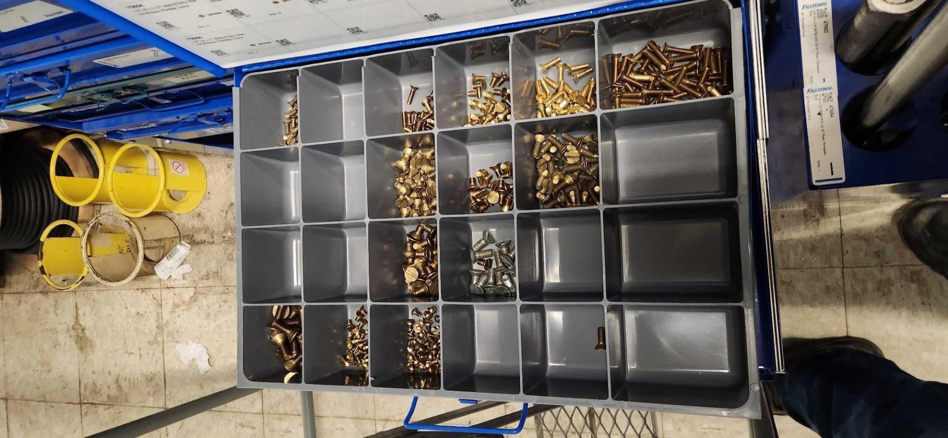 (6) Fastenal 4-drawer Hardware Boxes, 24 containers of machine screws ...