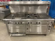 QUEST QGRC-4021114 NAT GAS RANGE WITH GRIDDLE, CHARBROILER, 4-OPEN BURNERS, FRENCH TOP & DOUBLE CONV