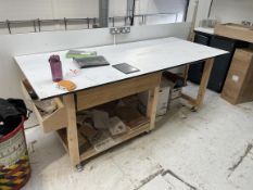 (7) Various self-built wooden workbenches, one fitted with Redena No.2 quick release carpenters vice