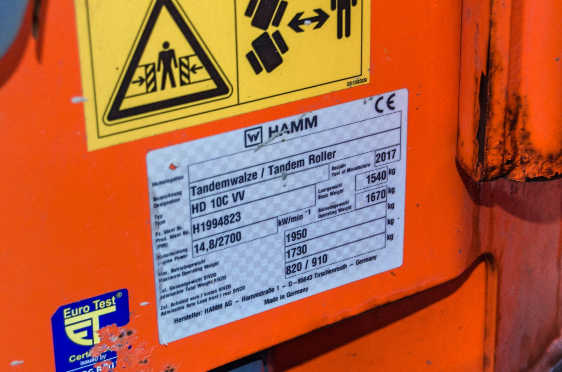 Hamm HD10C VV diesel driven double drum ride on roller Year: 2017 S/N: H1994823 Recorded Hours: - Image 19 of 19