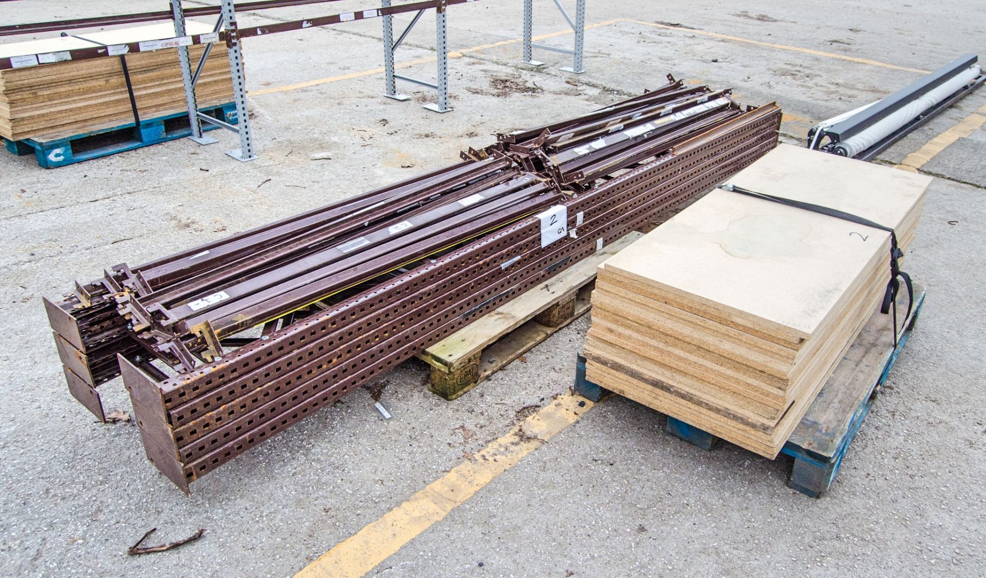 Metal Racking Boards 4 - bays of steel boltless racking c/w 20 - boards Dimensions: 5.7m L x ...