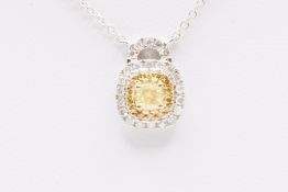 Cushion Cut Fancy Yellow & ( Natural ) Diamond 18k White & Yellow Gold Pendant And Chain
