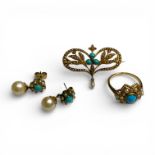 A group of seed pearl and turquoise jewellery. Comprising a 9ct gold pair of turquoise and