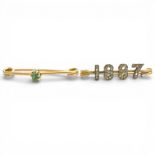 A diamond set Victorian golden jubilee brooch, together with an emerald set lace pin. The jubilee