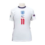 Football: An England, match-worn, Marcus Rashford, short-sleeved home football shirt, worn in the