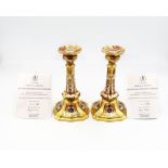 Royal Crown Derby 1128 Imari pair of box 18cm high candlesticks, The Guild of Specialist china and