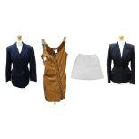 A leather dress; this leather it mimics a pinafore dress, by the designer Gffferre of Italy, from