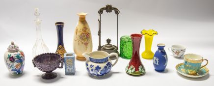 A mixed collection of 20th Century glass and ceramics to include Wedgewood jasper, moustache cup and