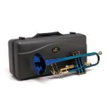 A cased Roy Benson Wind Instruments, blue trumpet, Reference: TR-101B. Serial No. 1050172[..],