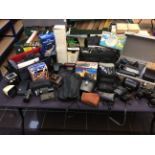 A large collection of vintage camera equipment to include example by Voigtlander, Pentax and