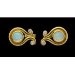 A pair of opal and diamond 18ct gold earrings, comprising round opals with green and pink play of