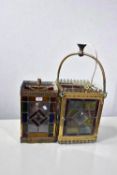 Three decorative ceiling lights, two of which with stained glass box shaped, other gilt metal