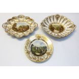 Three early 19th Century Derby porcelain bowls and decorative plate with hand painted castle and