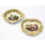 Early 19th Century Bloor Derby heart and lozenge shaped dishes with hand painted bird scenery and