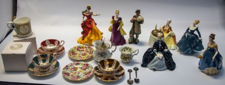 A collection of Royal Doulton lady figures, Paragon Harlequin cups and saucers, other china items