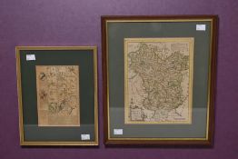 Two framed mid 18th Century hand tinted maps of Derbyshire, 26cm x 20cm, 19cm x 15cm.