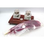 A Modern silver mounted mahogany double ink stand, with two cut glass inkwells with repousse