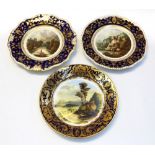 Three early 19th Century Derby decorative plates with countryside views of Britain and Italy, hand