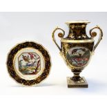 An early 19th Century Derby Bloor porcelain twin handled vase, cobalt blue ground with gilt detail